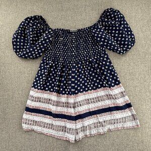 Angie Romper Short Puffy Sleeves Off‎ the Shoulder Rayon Navy Blue Stretch Large
